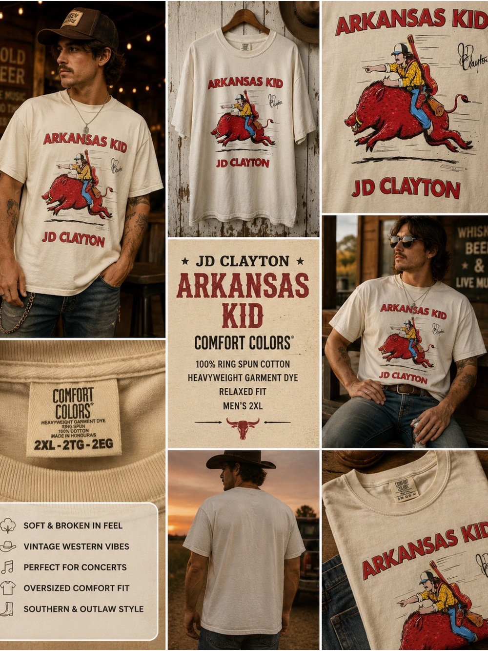 JD Clayton Arkansas Kid Tee 2XL Country Concert Western Cowboy Comfort Colors